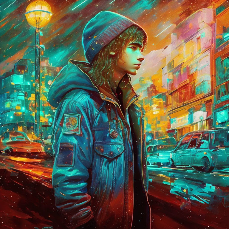 Person in Beanie and Denim Jacket Contemplating on Neon-Lit City Street