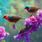 Colorful Birds Perched on Branches with Purple Flowers in Soft-focus Setting