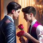 Two elegantly dressed men in luxurious room with rose, evoking romantic ambiance.