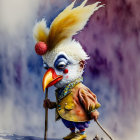 Exaggerated colorful clown with lute on moody background