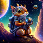 Orange Cat in Futuristic Astronaut Suit with Cosmic Background