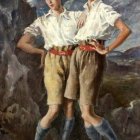 Stylized male figures in retro sporty attire against watercolor backdrop