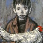 Boy in Cap Holding Hen with Paint Splatters on Face & Jacket