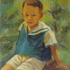 Young blond boy in blue-striped shirt near water with boat - Painting