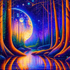 Colorful Psychedelic Forest Scene with Full Moon and Starry Sky