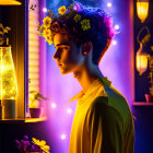 Person with flower crown smiling by night window with lanterns and plants