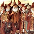 Five illustrated wizards in ornate robes and pointed hats with staffs - fantasy aesthetic