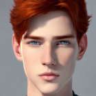 Young person portrait with red curly hair, blue eyes, fair skin, neutral expression