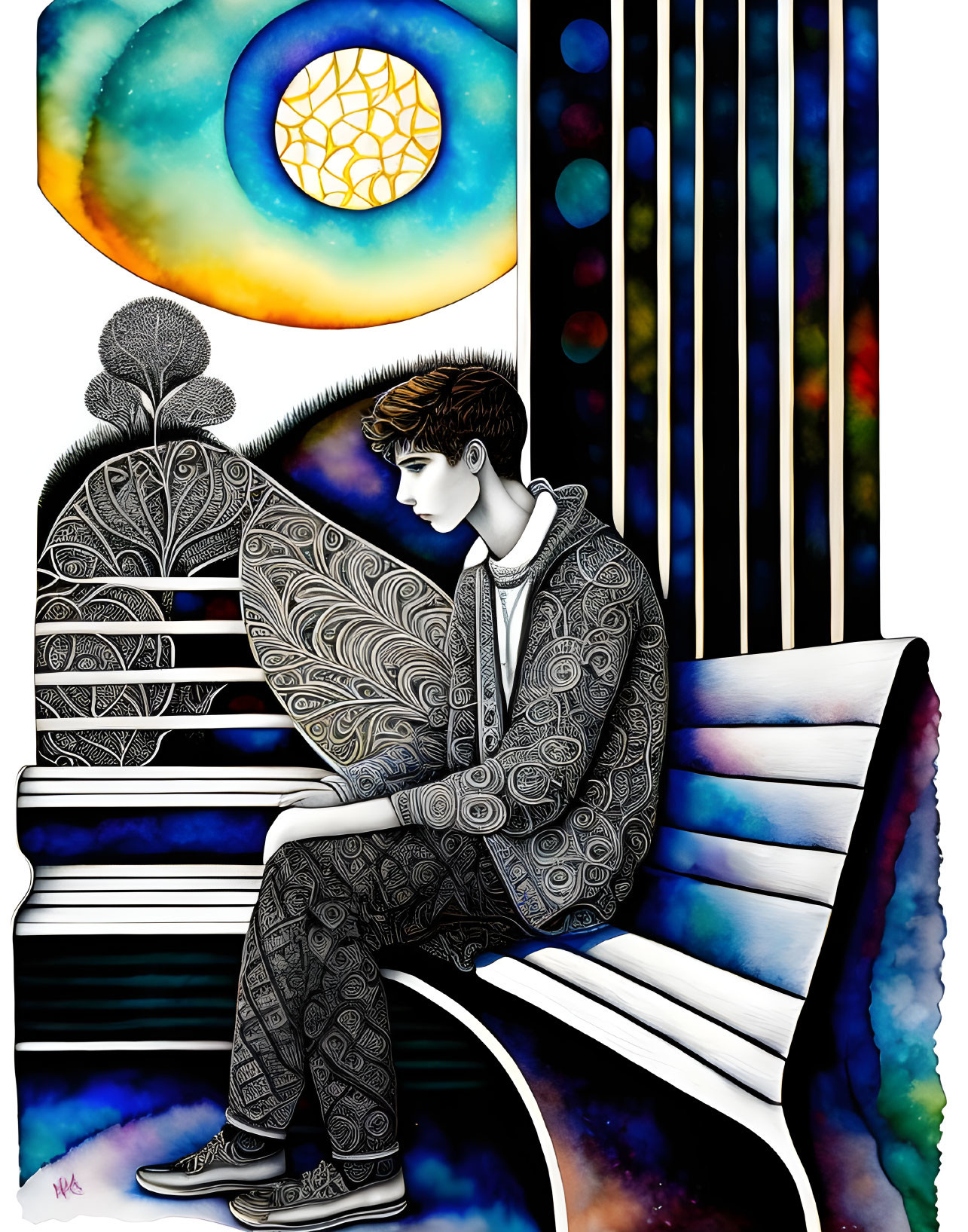 Colorful Cosmic Illustration of Person on Bench