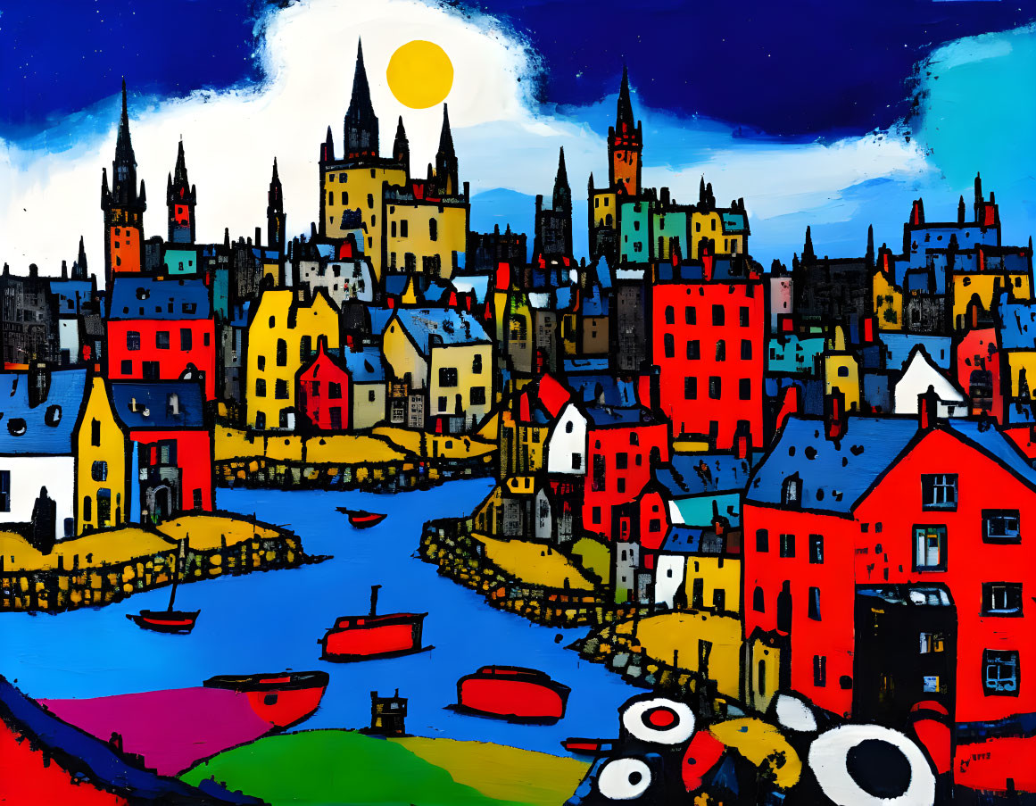 Colorful Abstract Cityscape Painting with Boats and Double Moons