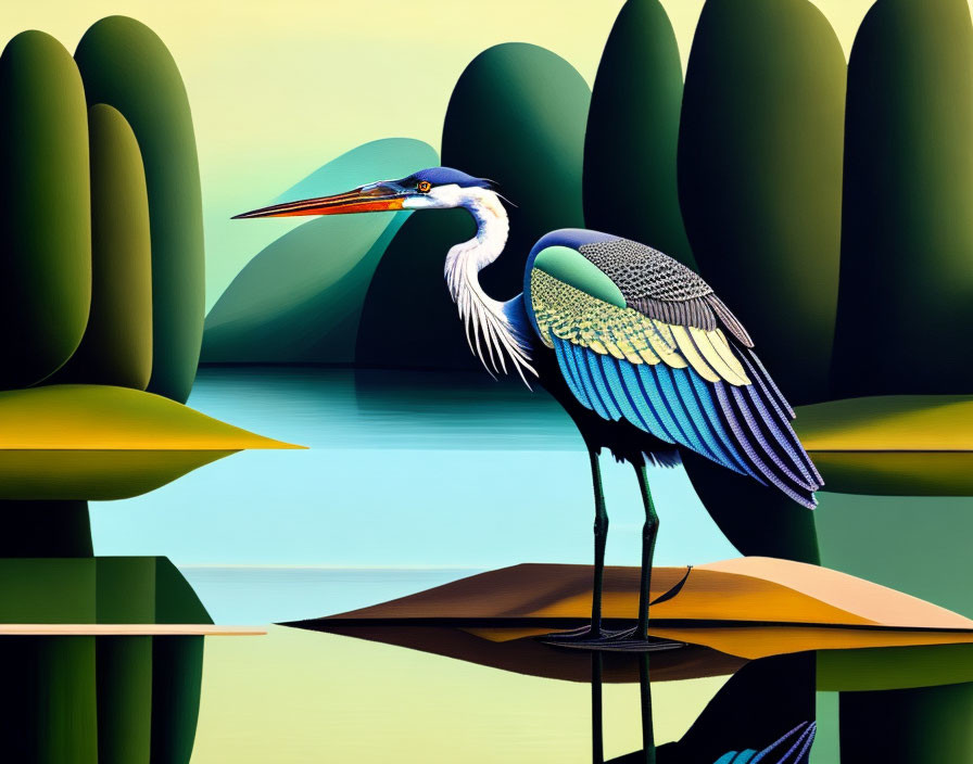 Illustration of Great Blue Heron by Water & Green Hills