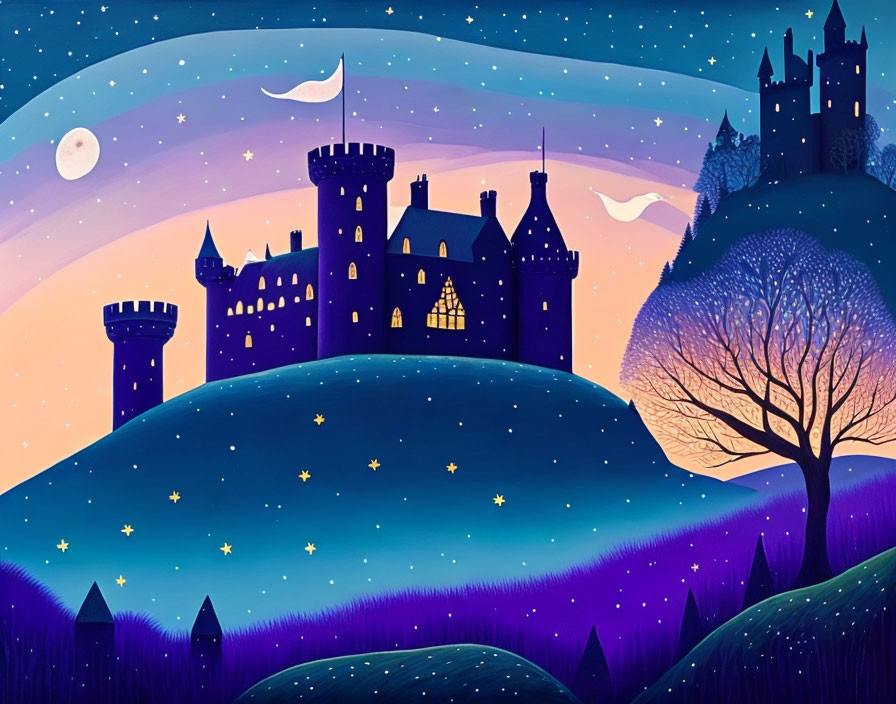 Illustration of castle on hill under starry sky with sunset gradient, trees, and birds.