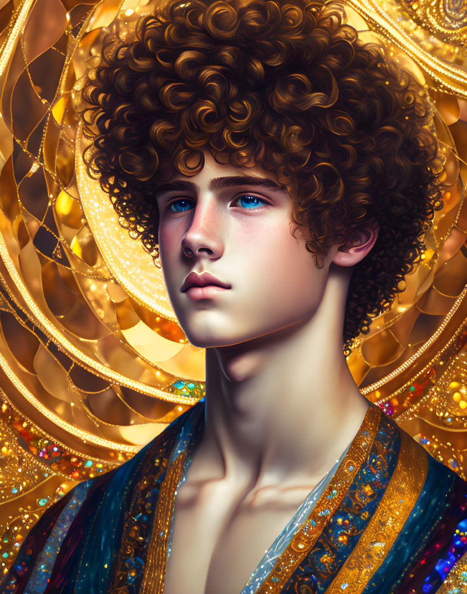 Portrait of person with curly hair and blue eyes in ornate attire against shimmering background