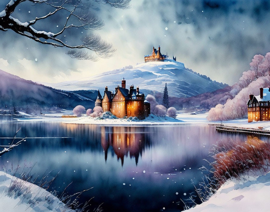 Snow-covered buildings and castle near lake in winter scene