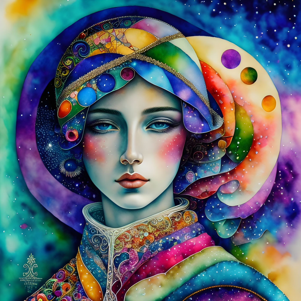 Colorful cosmic-themed digital painting of a woman with intricate patterns and starry background