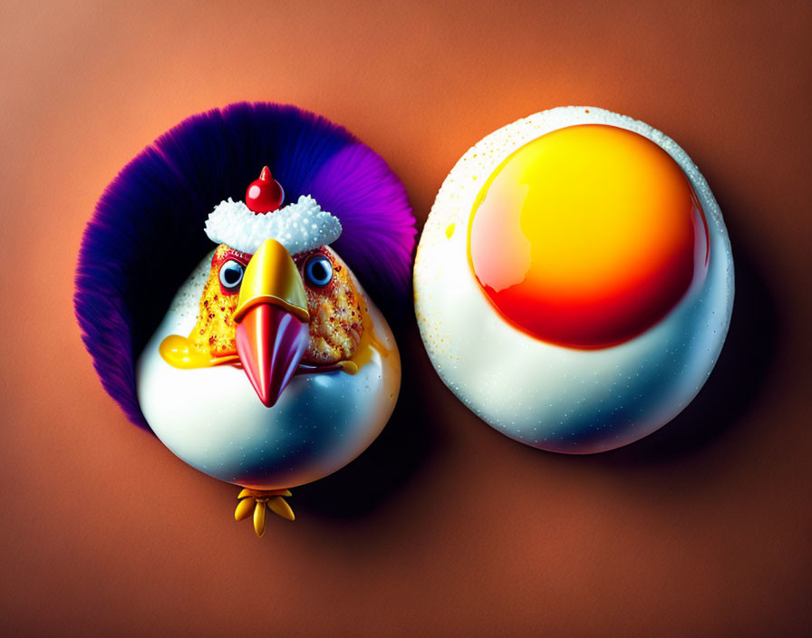 Purple Crest Chicken and Sunny-Side-Up Egg in Space Scene