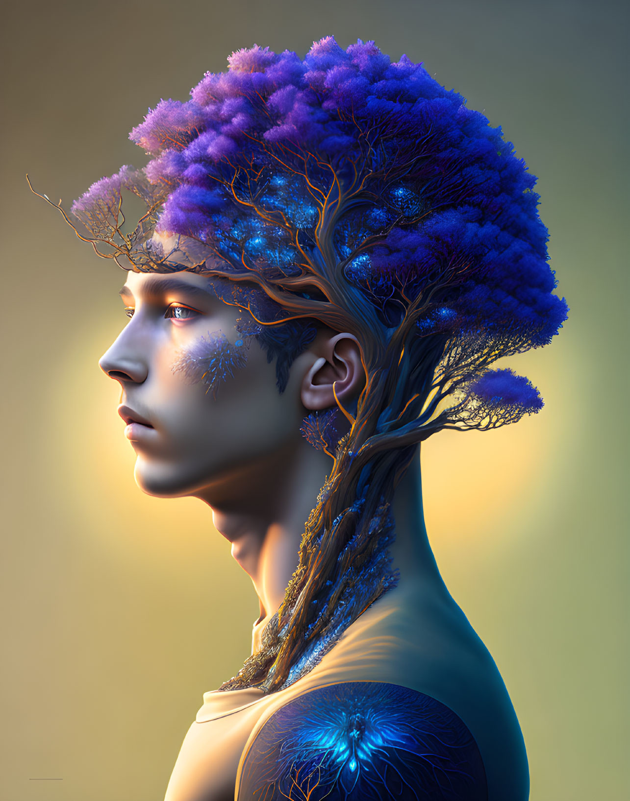 Portrait of Person with Blue-Purple Tree Branches and Glowing Patterns