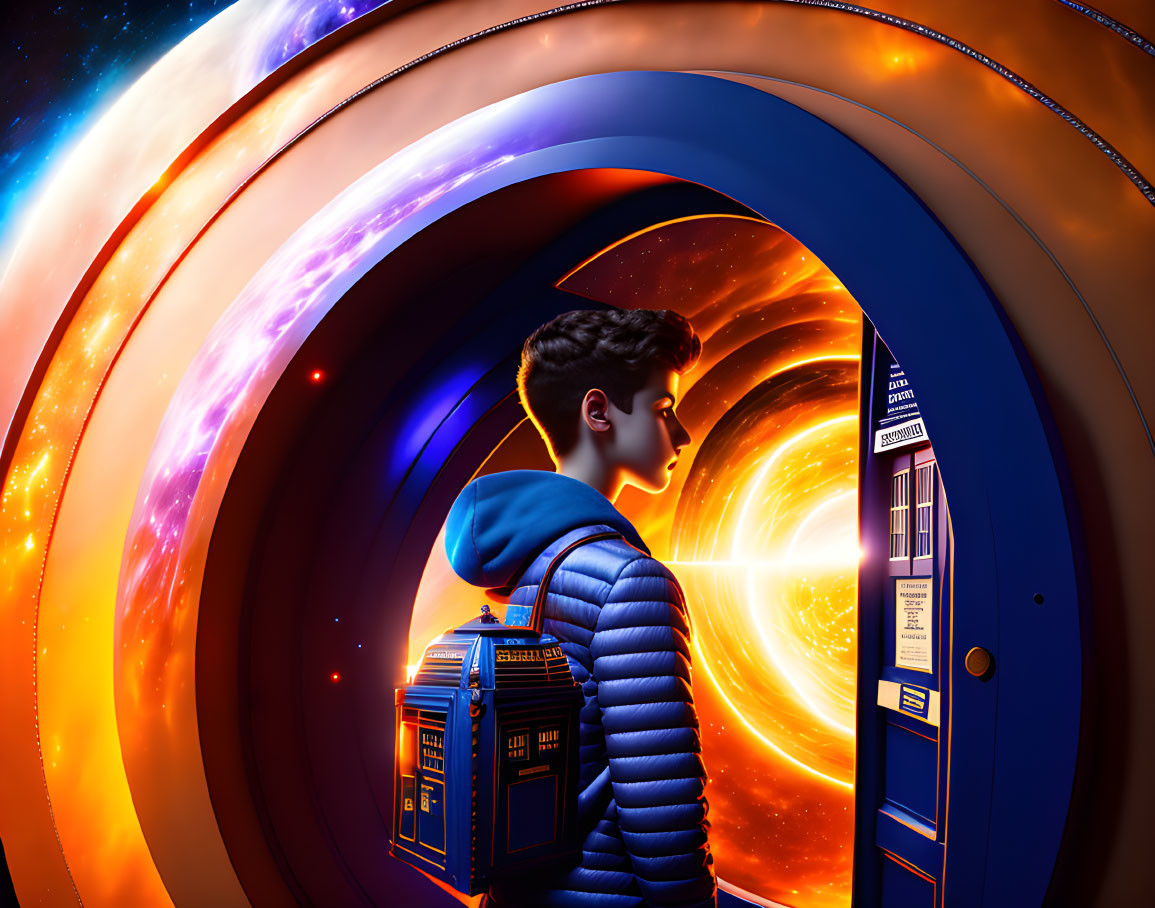 Person in Blue Jacket Gazes into Cosmic Swirling Portal