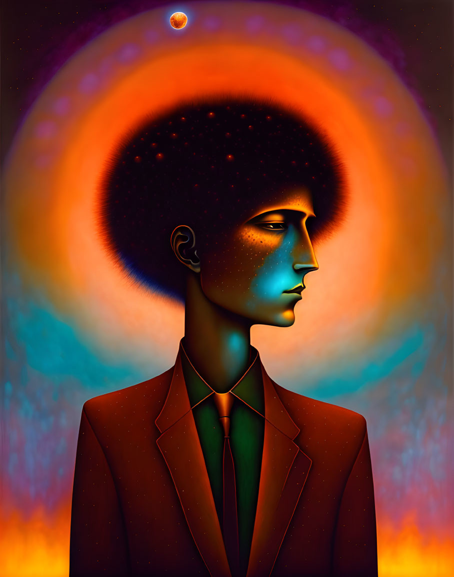 Stylized portrait of person with afro in cosmic backdrop