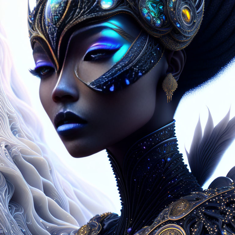 Woman with Futuristic Ornate Headgear and Luminescent Blue Accents