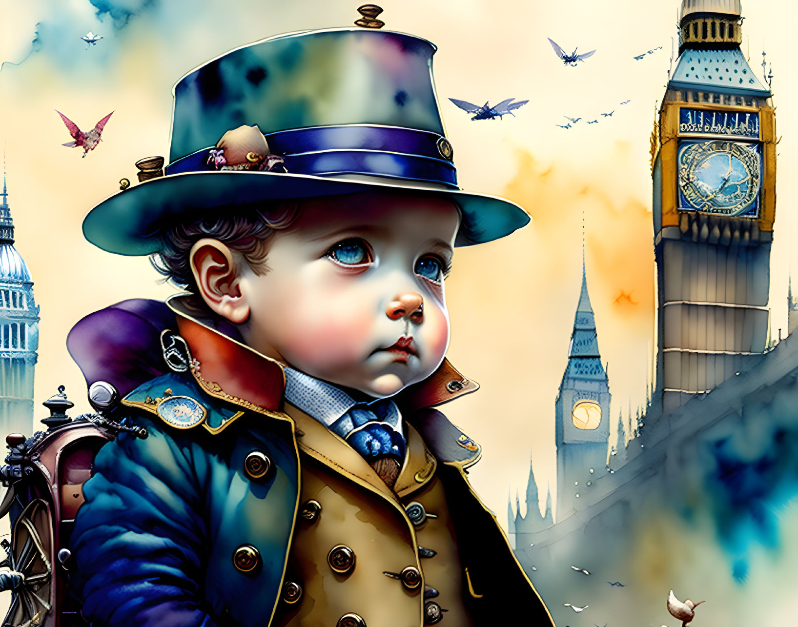 Young child in Victorian attire with Big Ben and butterflies