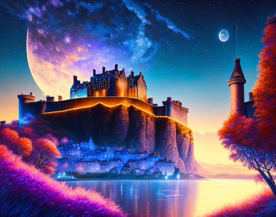 Fantasy castle on cliff under starry sky with moon, purple trees, and calm lake.