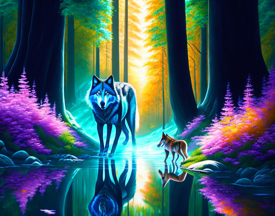 Vibrant fantasy forest with reflective water, large wolf and cub, colorful flora, ethereal lighting