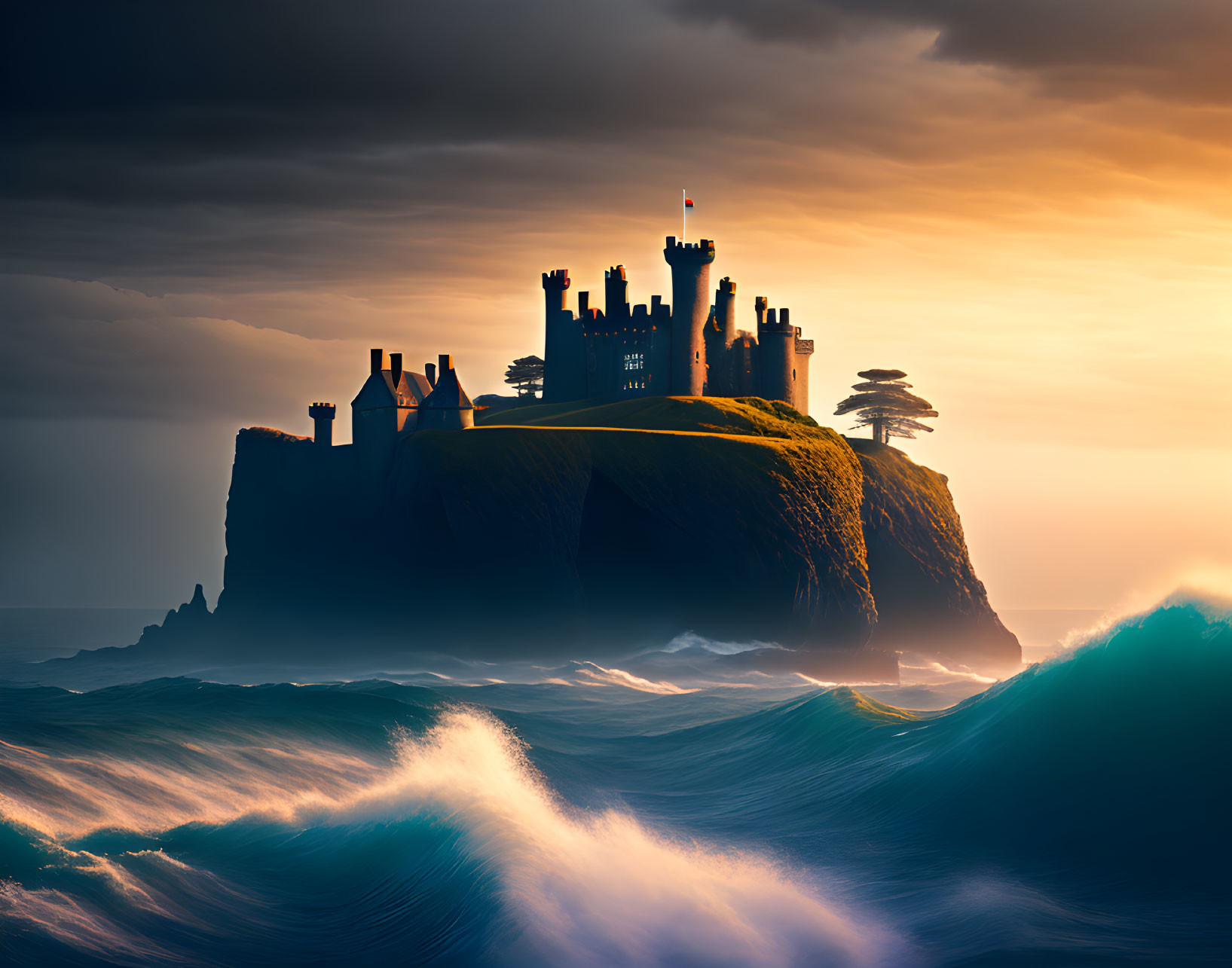 Majestic castle on cliff with ocean waves at sunset