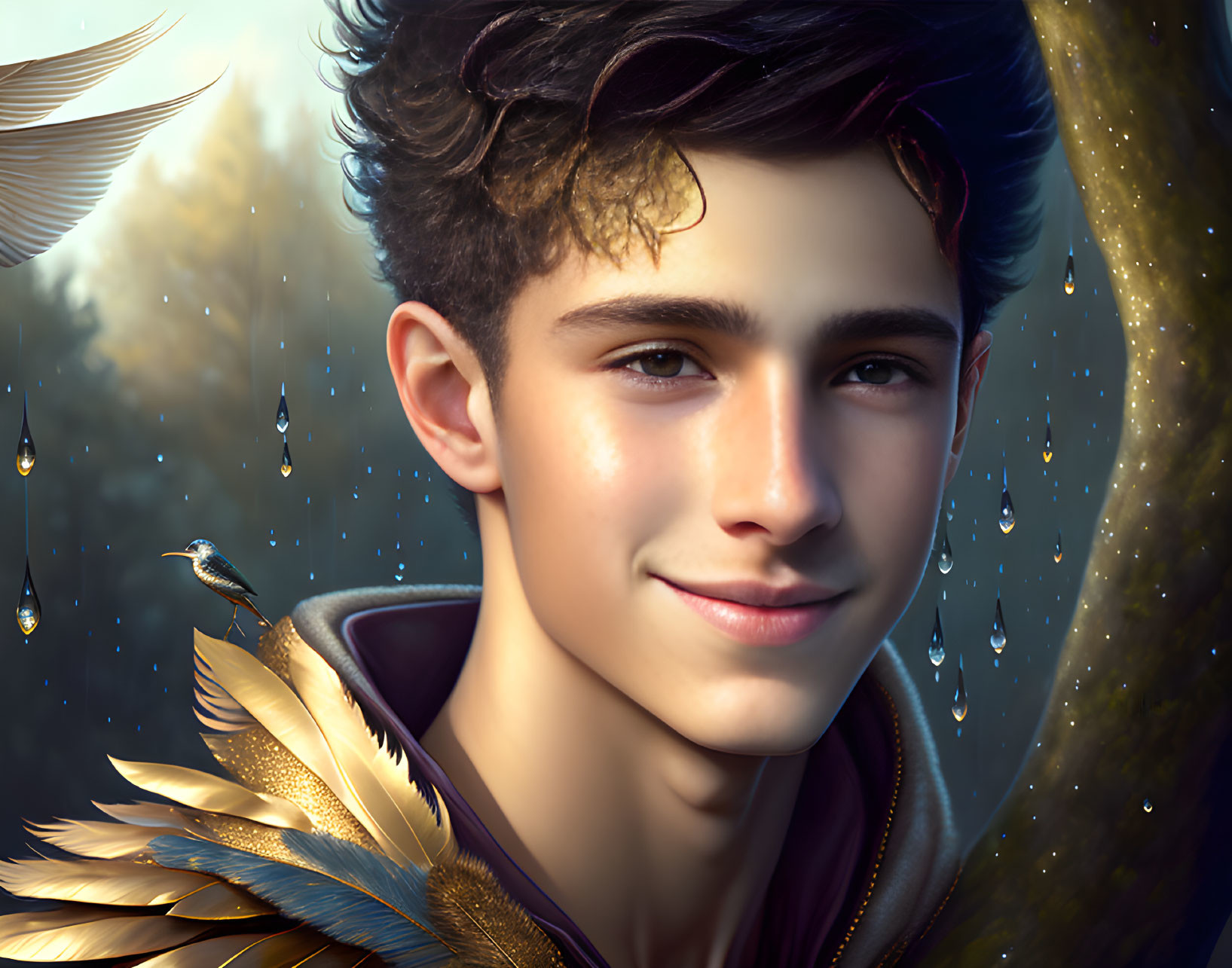 Smiling young man with dark curly hair in golden feather and light droplets setting