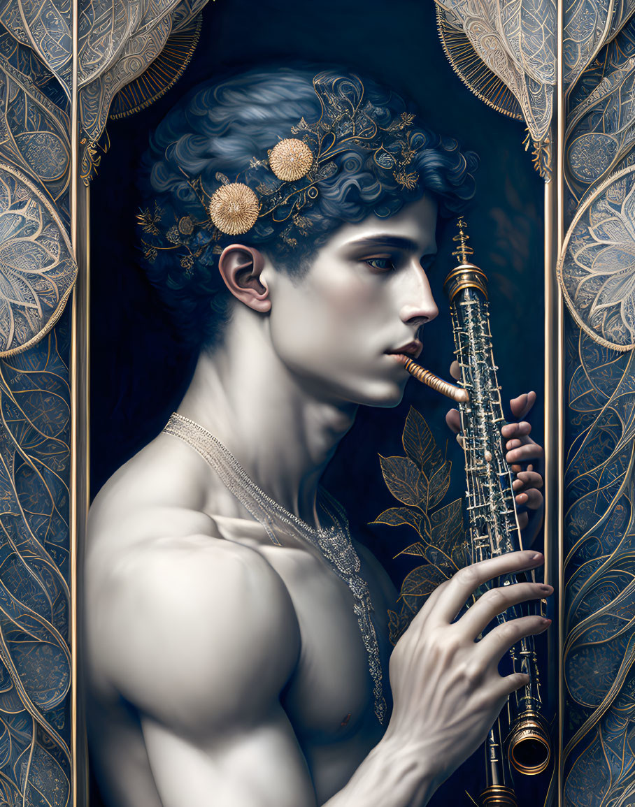 Young man with golden headpieces plays brass instrument in ornate foliage setting