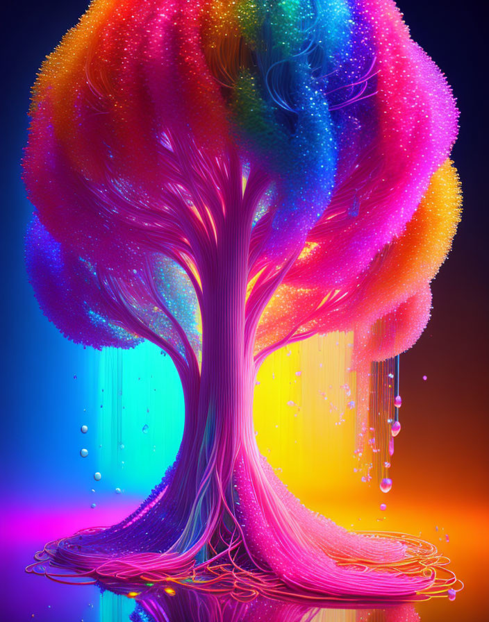 Colorful neon tree artwork with glowing rainbow hues on dark background