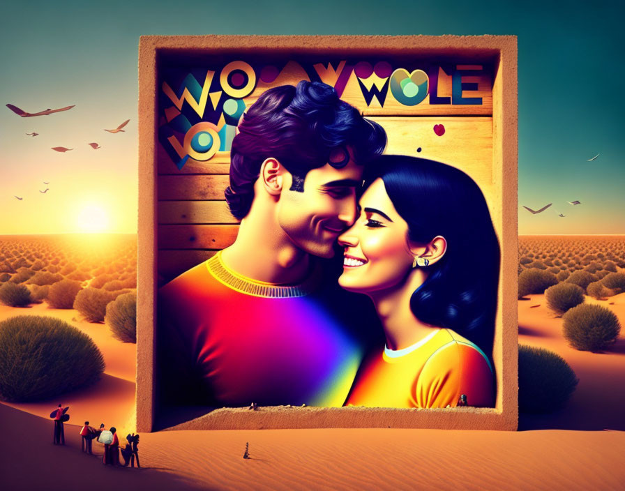 Colorful poster featuring smiling couple in desert with onlookers and birds in twilight sky