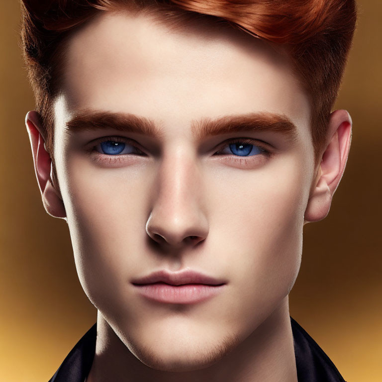 Portrait of young man with red hair and blue eyes on warm background