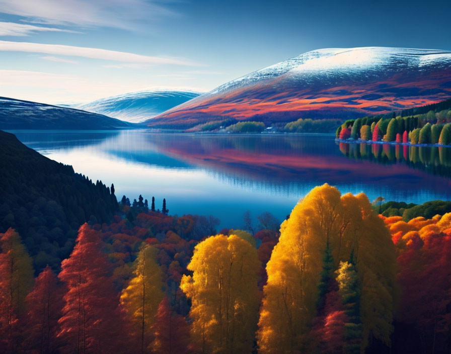 Autumn foliage reflected in tranquil lake with snow-capped hills and blue sky