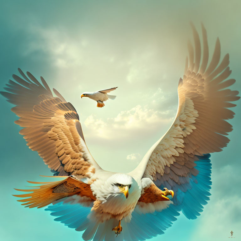 Eagle digital artwork: wings spread, clouds backdrop, second eagle flying.