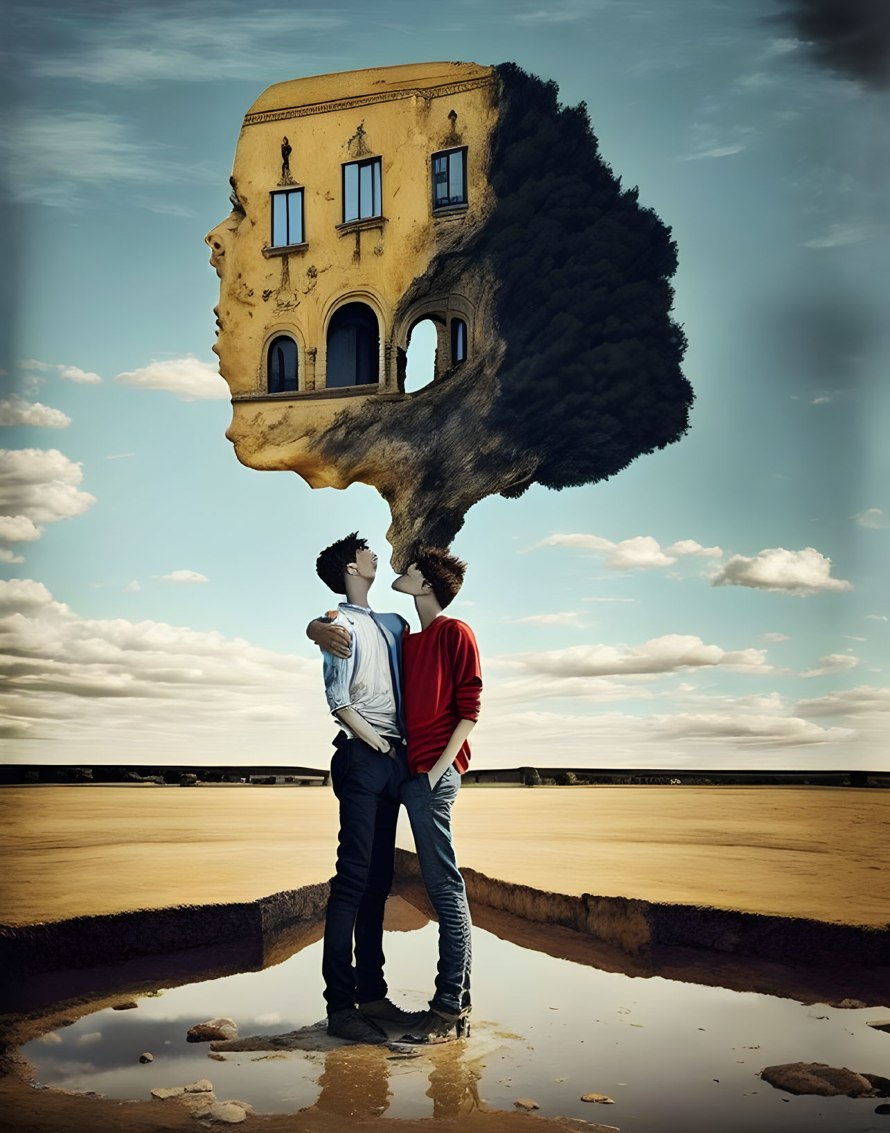 Couple watching surreal floating house with tree under vast sky and mirrored water