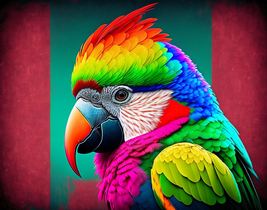 Colorful Parrot Illustration on Teal and Red Background