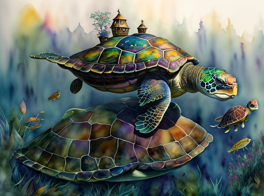 Vibrant sea turtles carry whimsical house in ocean depths