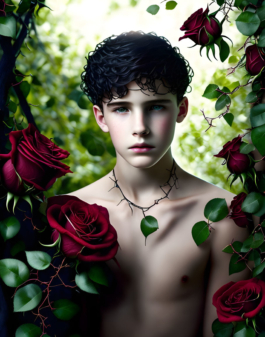 Curly-Haired Youth Among Dark Red Roses and Green Foliage