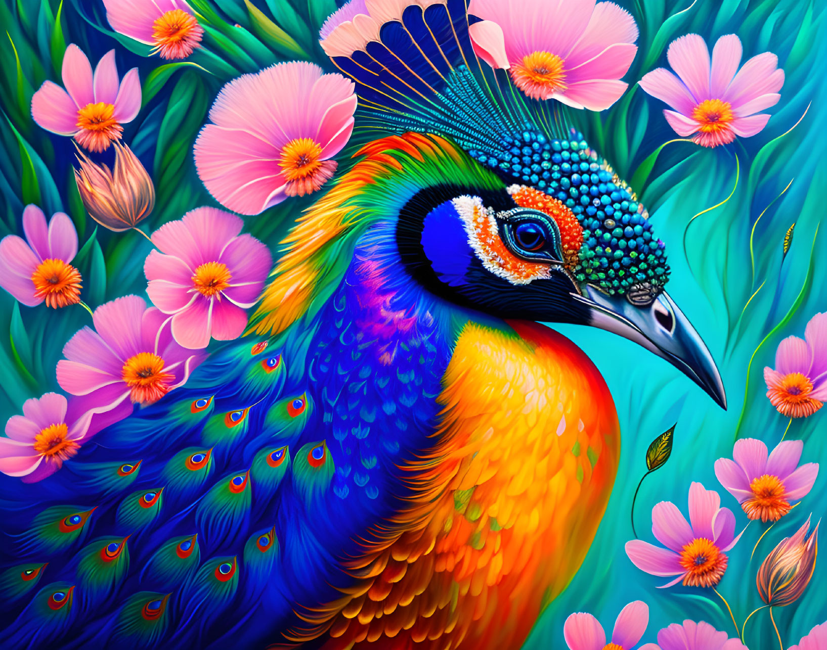 Colorful Peacock Illustration Among Pink and Turquoise Flowers