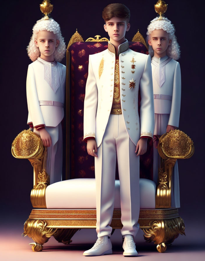 Young boy in ornate white suit posing with pages and throne in dark setting