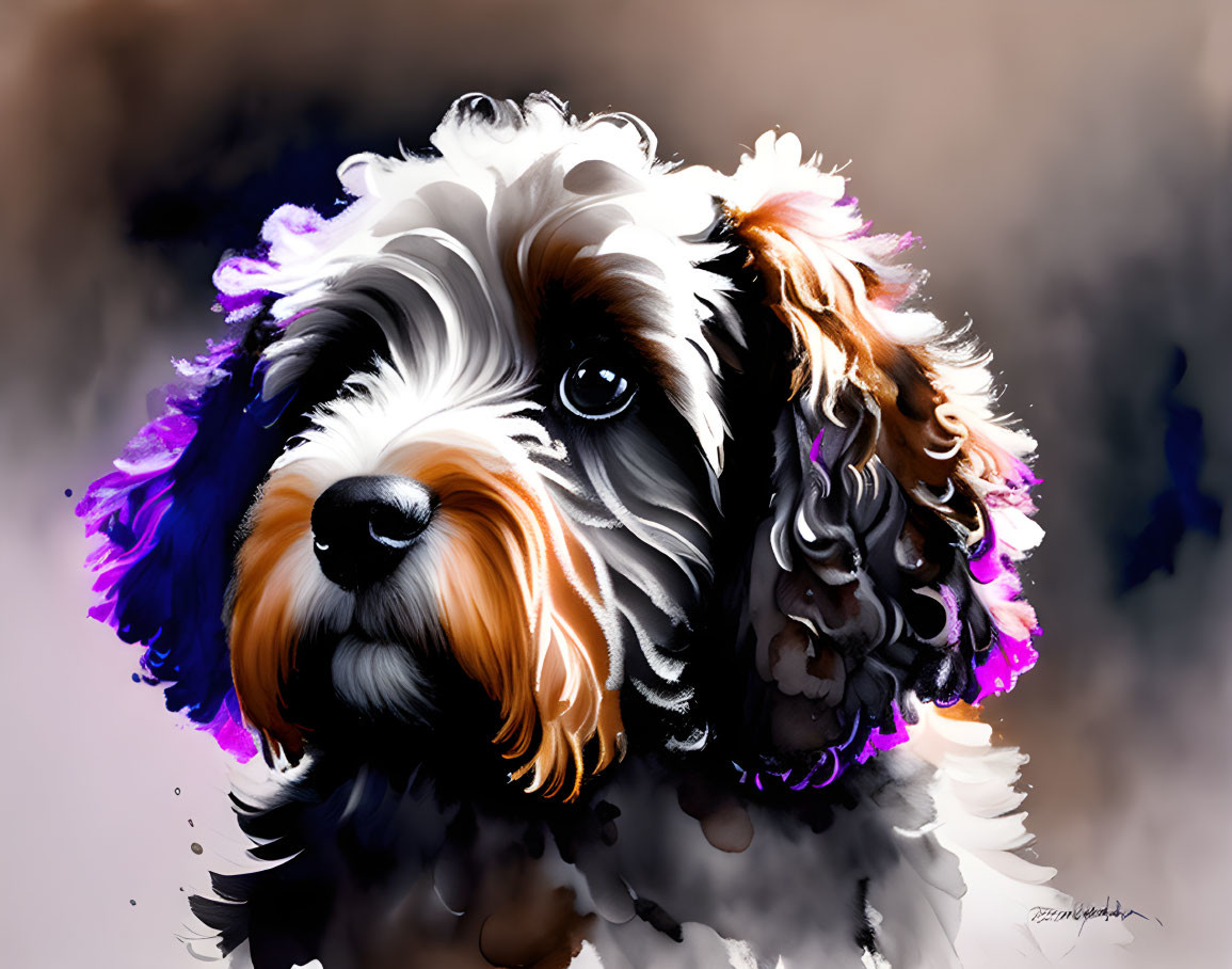 Fluffy black and white dog with expressive eyes and purple fur accents