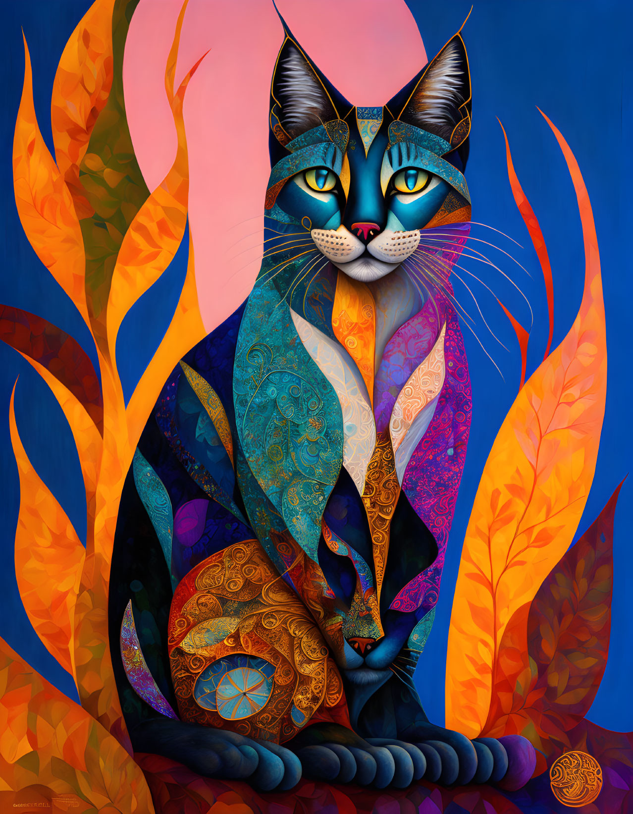 Colorful stylized cat painting with intricate patterns against autumn background