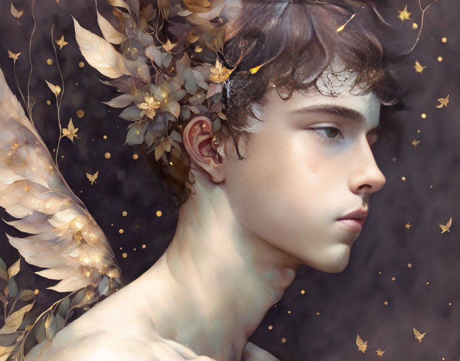 Person with Winged Autumn Leaves and Stars in Side Profile