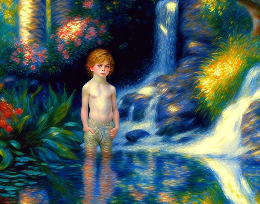 Young child with faun-like legs in enchanted forest by flower-lined stream