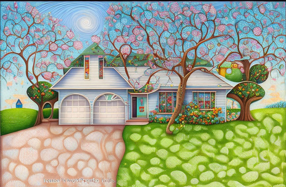 Colorful Stylized Painting of Quaint House with Double Garage