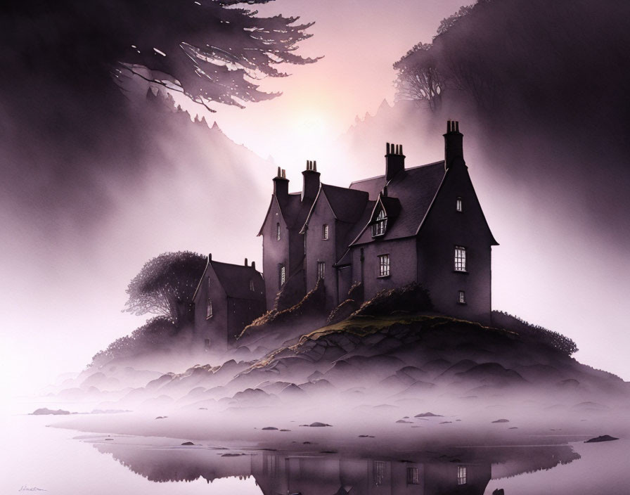 Misty landscape with silhouetted trees, water, and traditional houses at sunrise or sunset