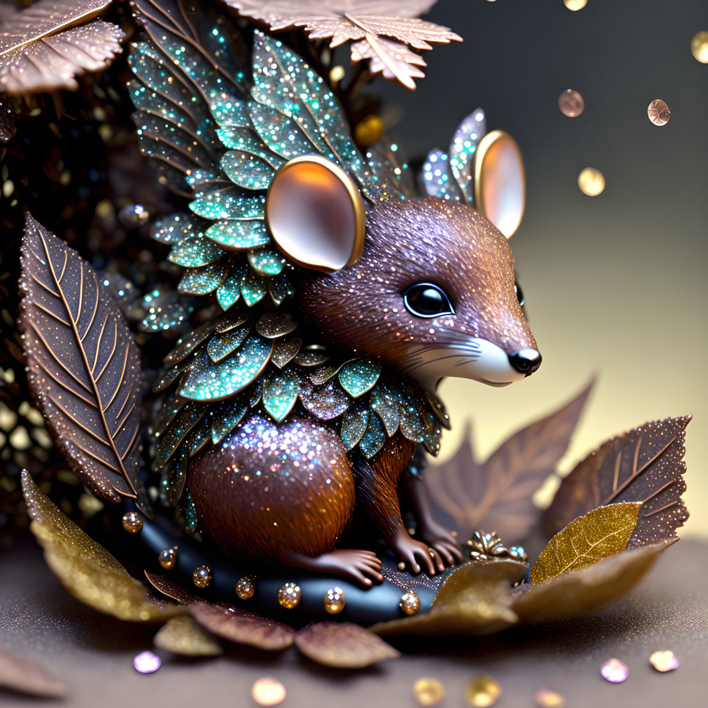 Fantastical hedgehog creature with blue and green leaf-like scales in golden foliage