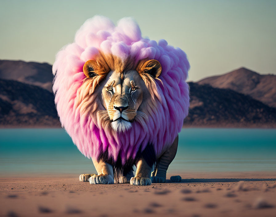 Vibrant pink-maned lion in desert with lake & mountains