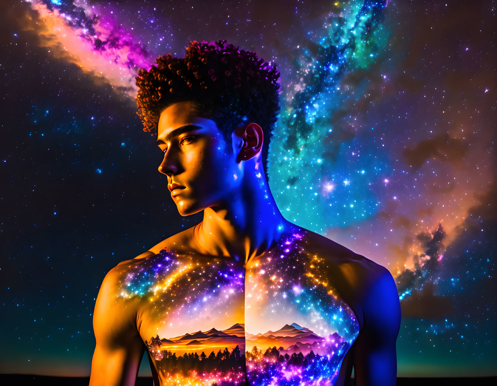 Man with cosmic pattern blending into starry night sky and nebulae against mountain silhouette